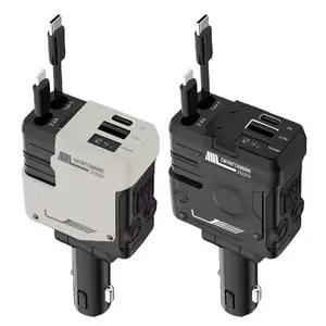 100W Car Charger, High Speed Charger, 4-in-1 Retractable Cigarette Lighter Adapter with USB Type C Fast Charging Cable for iPhone & Android Devices