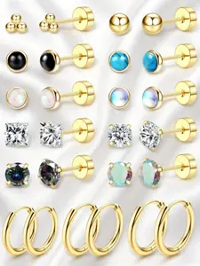 13 Pcs Golden Ear Ornament Set, Flat Back Earrings, for Women Men Hypoallergenic Stainless Steel Hidden Back Piercing Studs Mini Loop Rings Helix Body Jewelry Sparkling CZ Opal Unisex Earring Kit