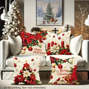 Set of 4 Christmas Cushion Covers, Floral Print, Soft Plush Material, Hidden Zipper, 45x45cm, Ideal for Home Decor (no Insert) Sofa Cushion