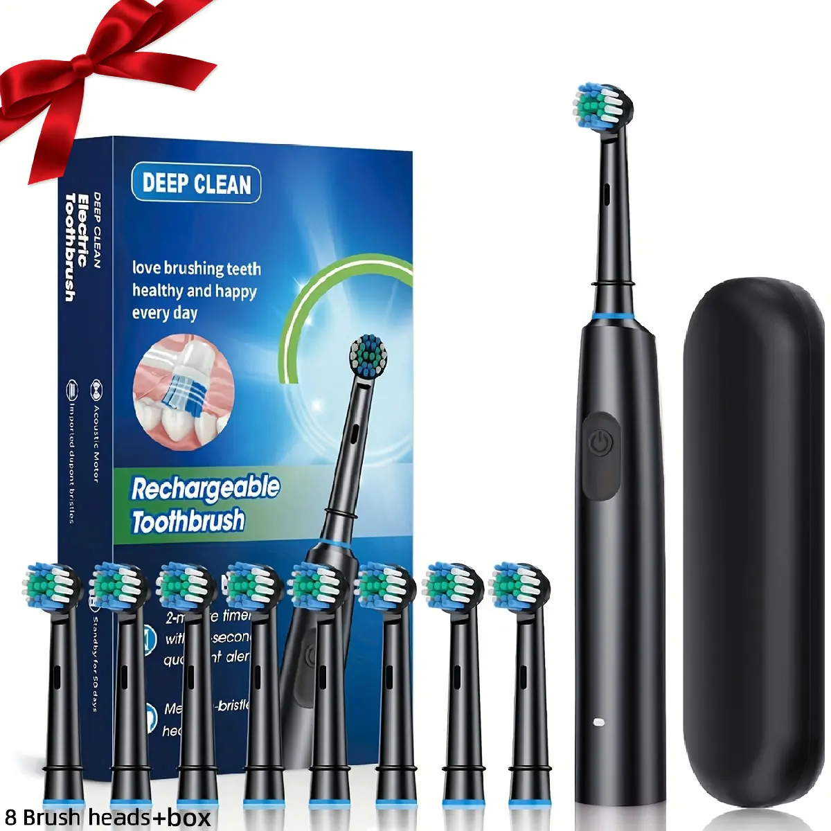 Rotating Electric Toothbrush for Adults, Rechargeable Ipx7 Waterproof, 5 Modes, 8 Replaceable Brush Heads, Travel Case Included