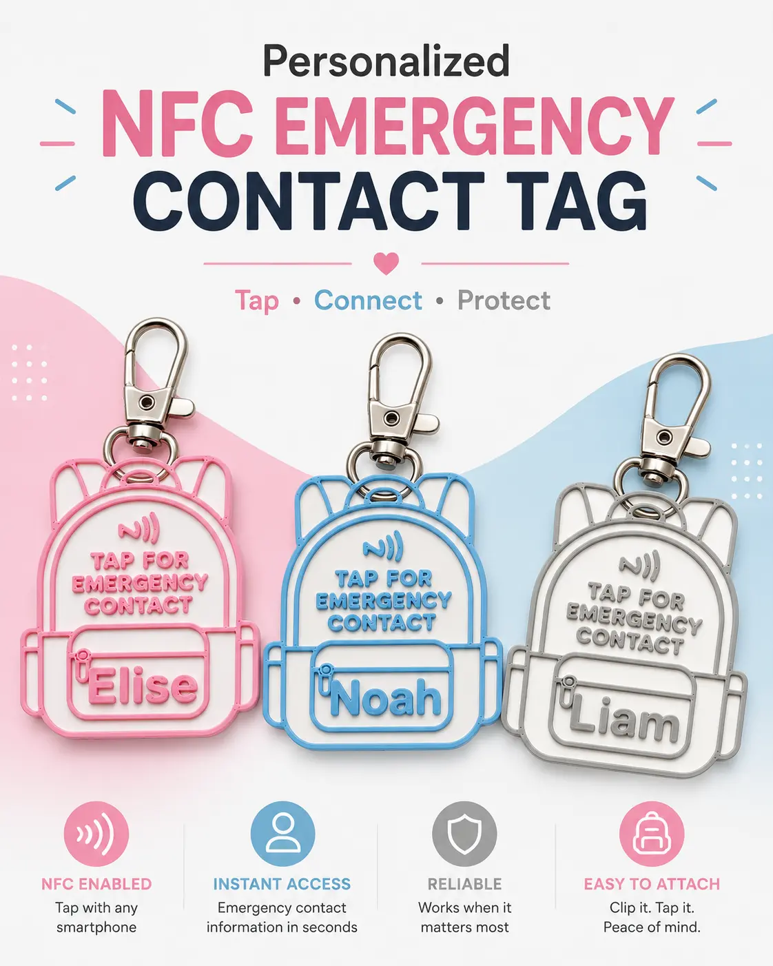 Personalized NFC Emergency Contact Backpack Tag | Custom Kids Name Keychain