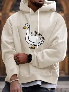 Men's Cartoon Goose & Letter Print Drawstring Pocket Hoodie, Loose Fashion Drop Shoulder Long Sleeve Hooded Sweatshirt for Daily Holiday Outdoor Wear, Men Clothes for Fall & Winter