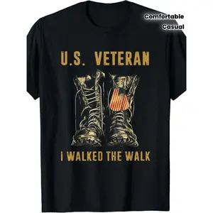 Men'S US I Walked The Walk T-Shirt - Black with Golden Combat Boots & Dog Tag Design, U.S. Army Insignia Style, Comfortable Casual Short Sleeve Crew Neck Tee for Veterans Day, Military Service Apparel, All-Season Comfort Fit
