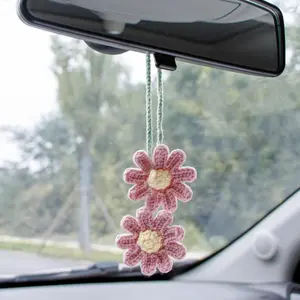 Cute Crochet Daisy Design Car Rear View Mirror Hanging Charm, 1 Count Handmade Daisy Flower Car Decoration, Car Interior Accessories for Women