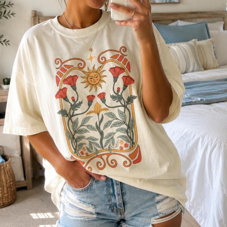 Comfort Colors Boho Wildflowers T-Shirt, Art Nouveau Floral Tee, Mystical Nature Shirt, Boho Flowers Graphic Top, Art Deco Aesthetic Tee, Vintage Botanical Apparel, SoftHype Apparel -DPCLICK