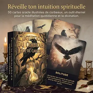French Raven Oracle Cards, 50 Dark Retro Illustrations Tarot Deck, Energy Cards, Divination Tool, Meditation Intuition Card, Spiritual Interpretation, Mystical Gift