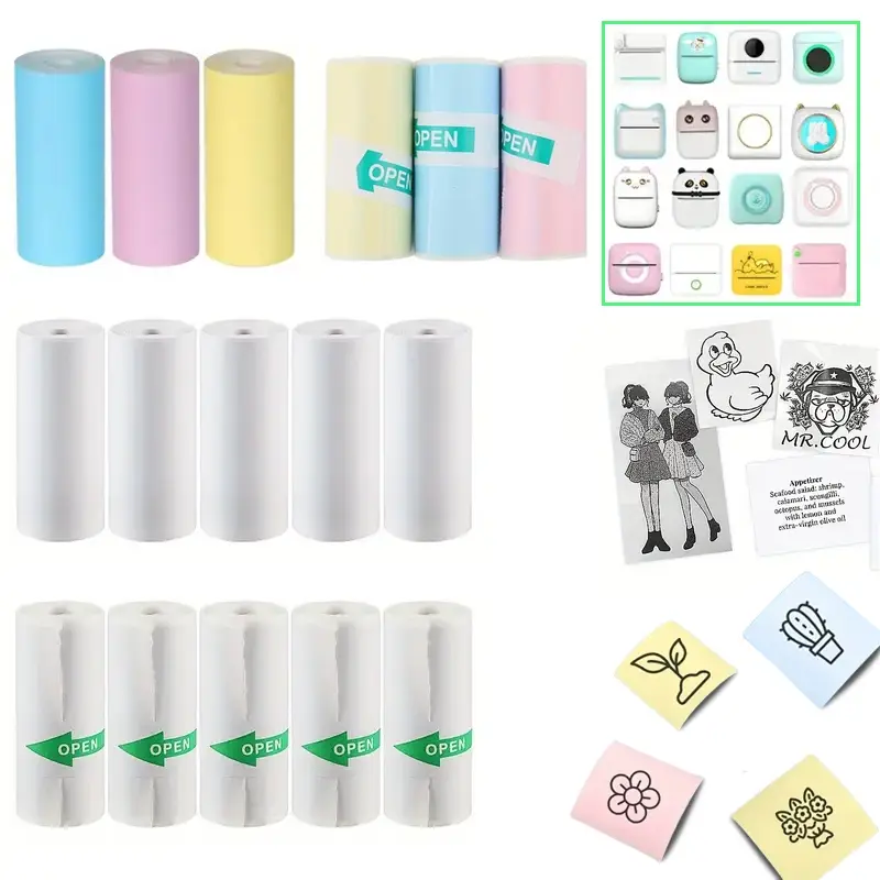 Mini Printer Paper, 57mm Width Color & White Continuous Paper, Portable Printer Paper, Self-adhesive Transparent Sticker Rolls For Portable Printer
