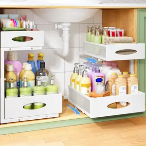 2-Pack Under Sink Pull Out Cabinet Organizer - 2 Tier L-Shaped Adjustable Metal Slide Out Storage Shelf Rack, Mesh Sliding Drawer for Kitchen Bathroom Laundry Pantry, White XL