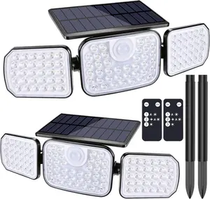 BrizLabs Solar Outdoor Lights, 3 Modes Motion Sensor LED Security Lights with Remote, 3 Head 360° Wide Angle Flood Wall Light, Dual Mount IP65 Waterproof Outdoor Lighting for Garage Patio Yard, 2 Pack