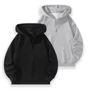 2-piece set of men's solid color casual half-zip hoodie, suitable for year-round daily wear, sporty and casual style, fashionable and versatile, Black, a must-have item for everyday life