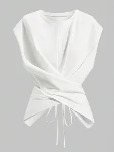 Women’S White Knit Round Neck Drop Shoulder T-Shirt, Irregular Cross-Wrap Waist Tie Top, Casual Sleeveless Blouse For Daily & Streetwear