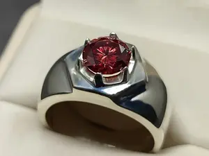 2 Carat Diamond Cut Red Moissanite Diamond Sterling Silver 925 Handmade Men's Star Shape Ring