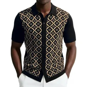 Mens Vintage Polo Shirt Short Sleeve Knit Button Down Color Block Casual Shirts