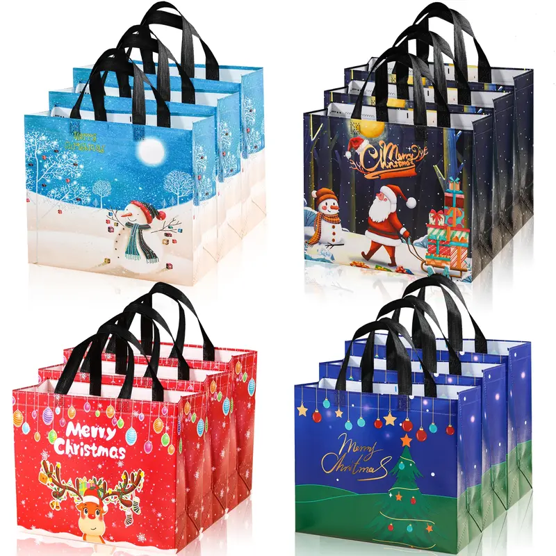 12 Christmas Gift Bags with Santa Reindeer Snowman Designs, Festive Holiday Party Supplies, Colorful Winter Gifts for Surprises, Party Favors Assortment