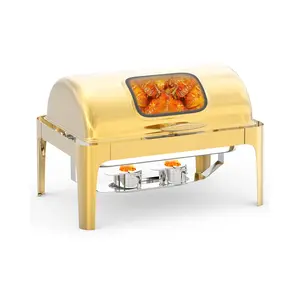 Roll Top Chafing Dish for Buffet, 9QT Retangle Stainless Steel Food Warmer Server with Visible Lid Water Pan Stand Fuel Holder Clip,for Parties, Birthday, Hotels and Weddings, Gold