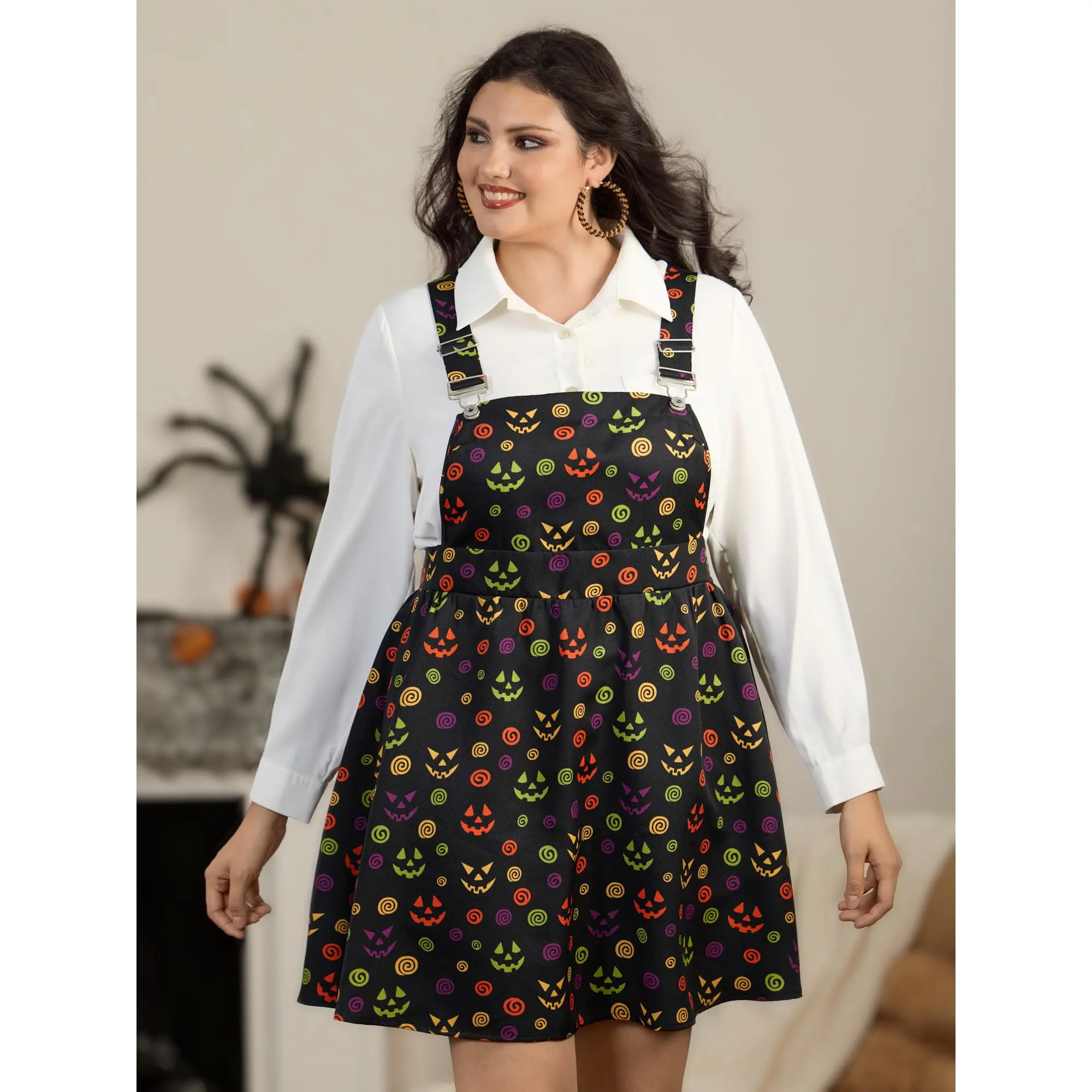 BloomChic Pumpkin Jack‑O‑Lantern Print Adjustable Suspender Overall Mini Dress 【M-6XL】