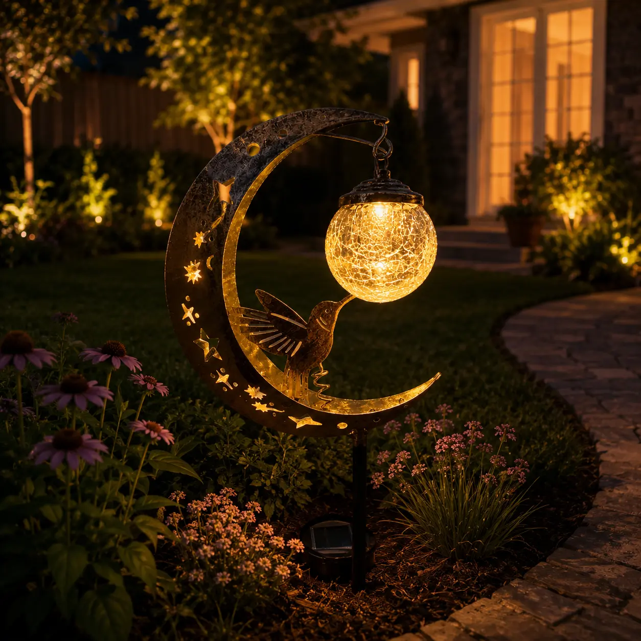 Solar Garden Stakes Lights, Outdoor Waterproof Metal Moon-Hummingbird Design with Crackle Glass Globe, Warm White LED Pathway Decorative Landscape Lamp for Yd Patio Lawn Walkway