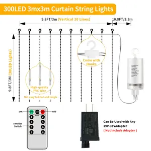 Battery-Powered Curtain Lights, 10/20 Feet 300/600 LED Outdoor IP65 Waterproof Flashing Hanging Water Curtain Lights with Remote Control 8 Modes Fairy String Lights Suitable for Bedroom Porch Pavilion