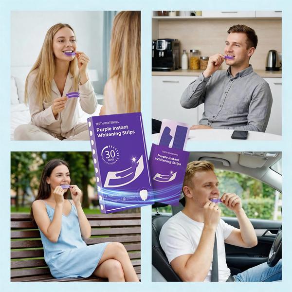 Purple Teeth Whitening Strips - 14/28 Whitening Sessions - Safe for Enamel - Non Sensitive Teeth Whitening - Peroxide-Free Whitening Strips, 14-day treatment (14 Packets - 2 Strips per pack) - Non-Slip, Dry Strip Technology