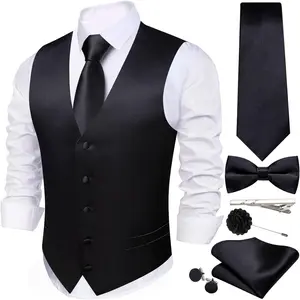 Men's Vest Tie Set Bow Tie Satin V-Neck Solid Colors Suit Waistcoat Cufflinks hanky Formal Wedding Business Tuxedo