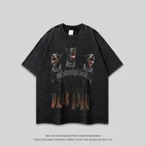 Doberman Pinscher Dog Head American High Street Print Casual Loose Men And Women Distressed T-shirt