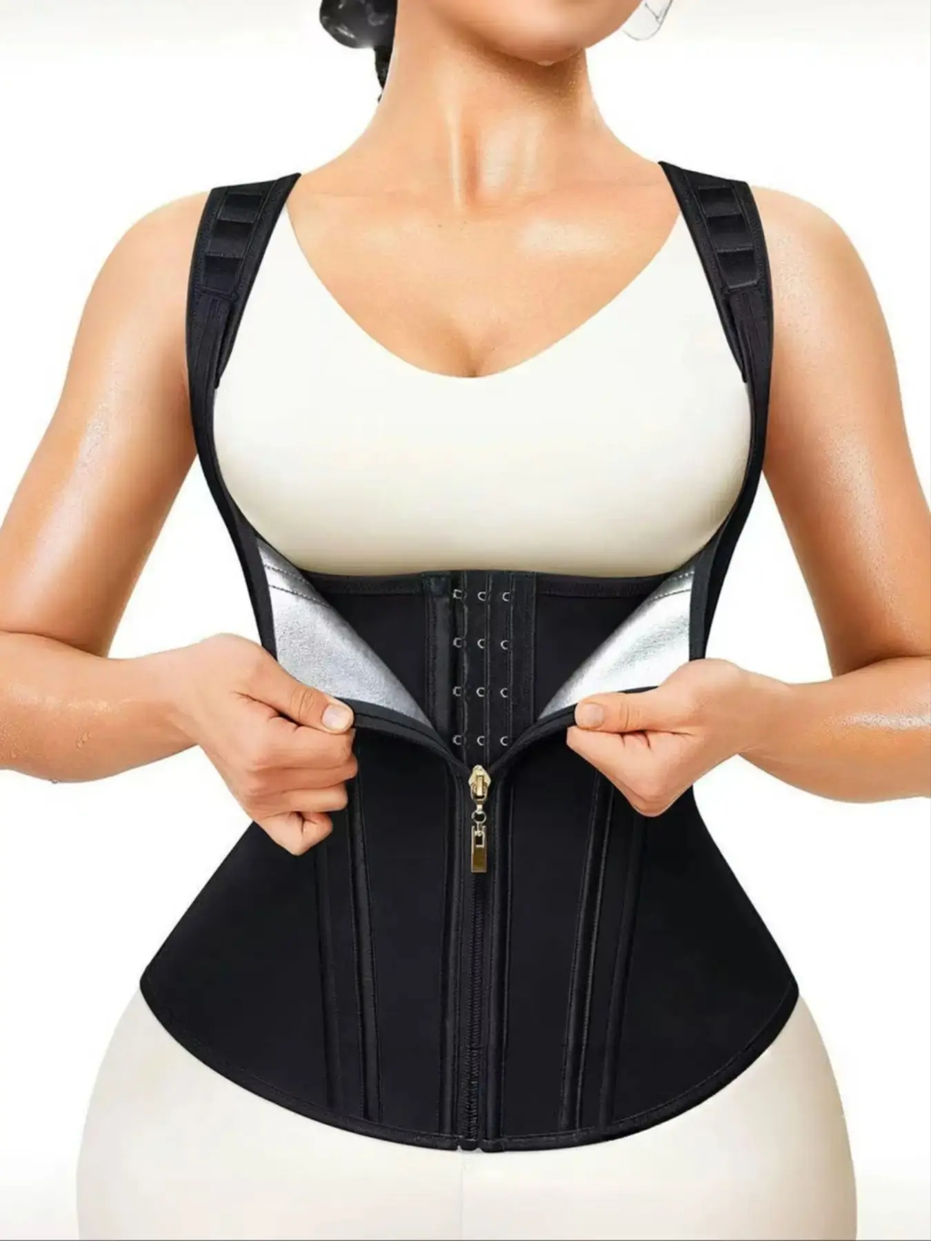 Women's Sauna Suit with Waist Trainer Vest, Tummy Control High Compression Shapewear Sleeveless Zipper Sauna Suit,Sweat-Wicking Shapewear Belt, Fajas Para Mujer,Zipper Slimming Strap for Workout Gym Exercise Activewear