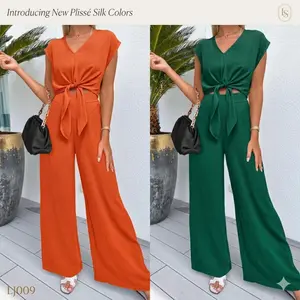 TFNOSIZE Women's 2025 Summer 2-Piece Polyester Outfit Set - Cap-Sleeve V-Neck Belted Cropped Top, Lightweight Minimalist Wide-Leg Pants, Breathable Drape Casual Tracksuit for Teachers, Chic Blue