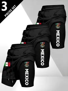 3-Pack Mexican Theme Sporty Short Pants, Men's Breathable Fitness Running Training Shorts, Lined Anti-Exposure Design