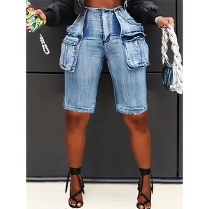 Women's High-Waisted Distressed Denim Bermuda Shorts - Stretch Mid-Thigh Cargo Shorts with Utility Pockets, Relaxed Straight Fit Vintage Streetwear for Summer Casual Outings, Highwaist Design