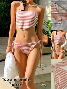 2-Piece Set Striped Bikini, Korean Style Beachwear, Slim-Fitting Colorblock Design, with Pads and Tie-Straps, Summer Swimwear