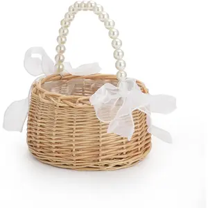Wicker Rattan Flower Girl Basket with Pearl Handle, 6.5 * 7.8in Cute Bowknot Basket for Easter Wedding Home Decor