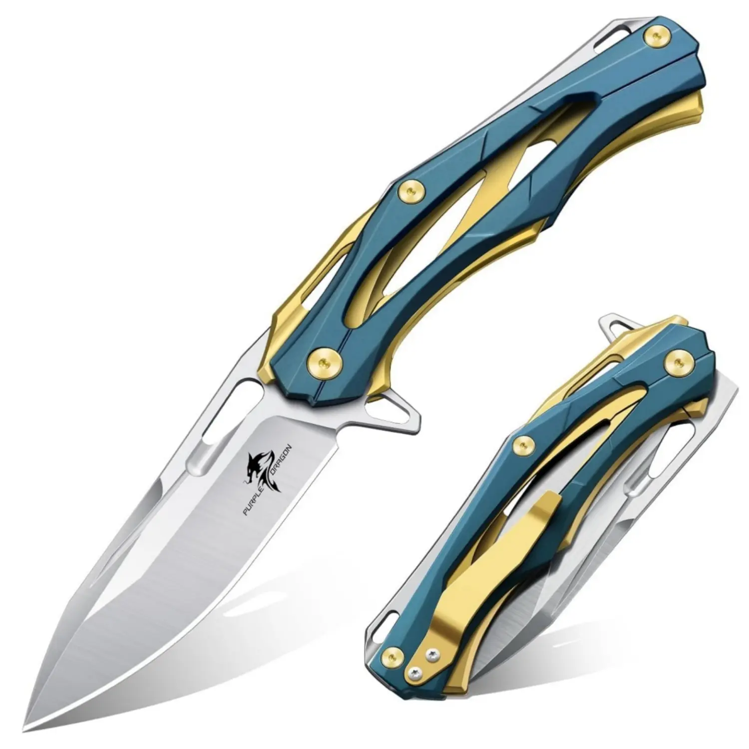 Purple Dragon Folding Pocket Knife - Solid Daily Utility EDC Knife - Silver | D2 Clip Point Blade, All-steel Handle, Carry Clip, Safe Manual Opening, Accidental Closure Prevention, Gift Box, Gift for Men