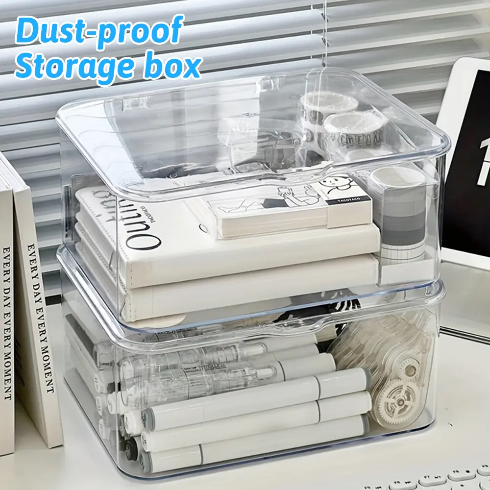 Stackable Clear Storage Box with Lid, Durable Minimalist Rectangle PP Plastic Organizer, Multi-Purpose Container for Garage-Kitchen Countertop Home Office Use (Stationery & Small Sundries Storage)