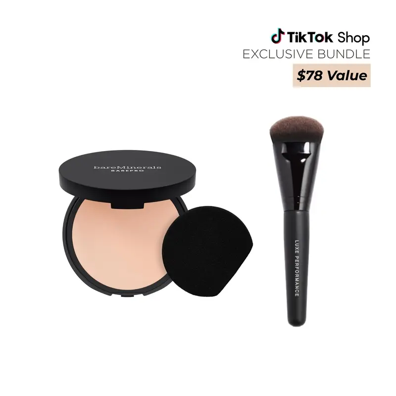 bareMinerals BAREPRO 24HR Powder Foundation & Luxe Brush Bundle - Crease-Proof Matte Oil-Control Concealer Coverage for Flawless Wear