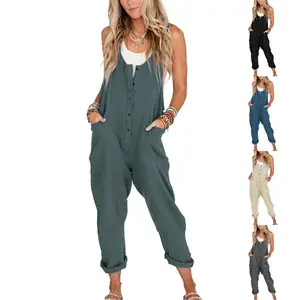 YeeZaa Women's Overalls Linen Cotton Jumpsuit Loose Casual Pullover with Pockets