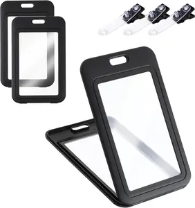 3 Pack ID Badge Holder with Plastic Clip, Double-Sided Clear Vertical Badge Holder Hard Black Name Badge Holders Card Protector Pouch Plastic Case for Office School ID Credit Cards Hariendny