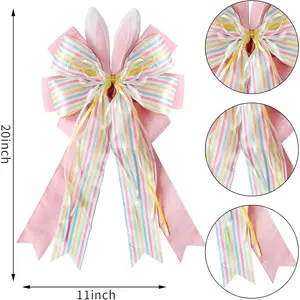 Easter Large Wreath Bow Burlap Wired Ribbbon with Bunny Eggs Door Ornaments for Day  Tree Party Decorations (11x20 inch)