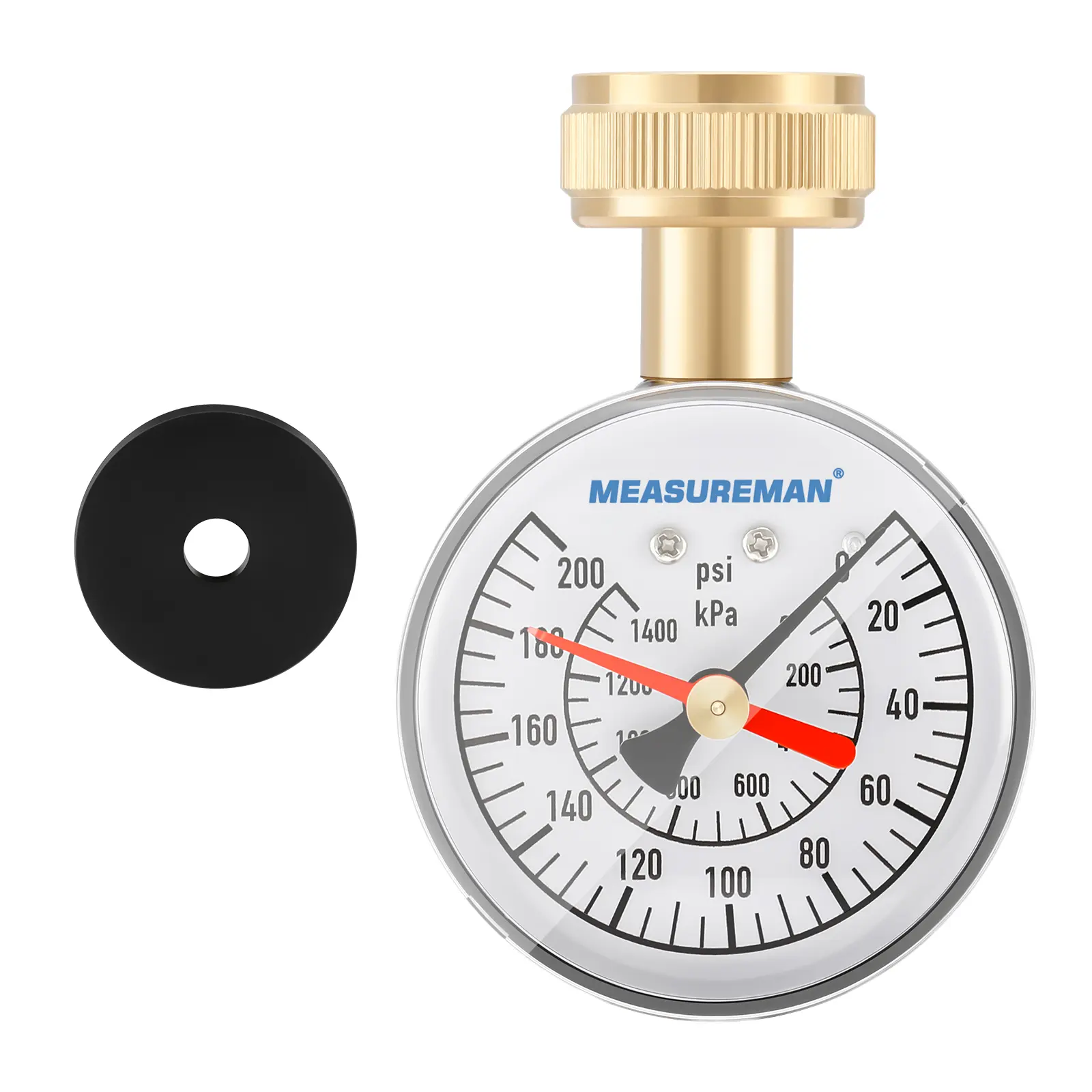 MEASUREMAN 2-1/2" Water Pressure Gauge for Garden Hose – 0–200 psi/kPa, 3/4" Female Garden Hose Thread, Features a Memory Red Pointer for Pressure Testing