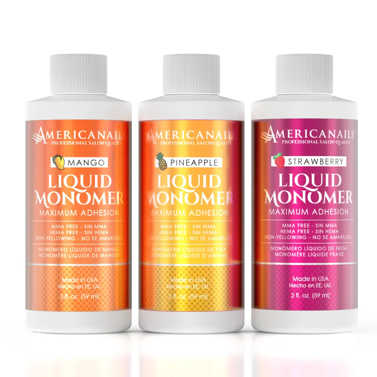 Americanails Fruity Scented Liquid Monomer Trio Set - 3x2oz Each Bottles, Unisex Nail Art Supplies, Simple DIY Nail Kit with Mango Strawberry Pineapple Aroma for At-Home Use