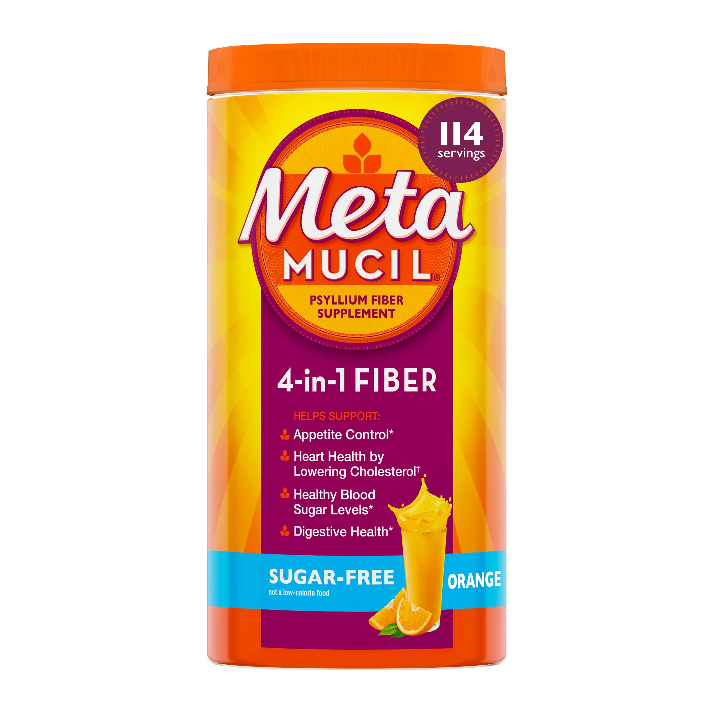 Metamucil 4-in-1 Psyllium Husk Fiber Supplement, Sugar-Free, 114 teaspoons, Orange Flavored,  Daily Fiber Powder for Digestive Health, GLP-1 Friendly Fiber>