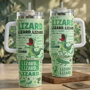 Funny Lizard Doodle Pattern Tumbler 40oz / 20oz – Cute Green Gecko Cartoon Reptile Lover Gift Cup With Handle And Straw