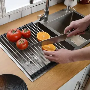 Roll-up dish drain rack, drain rack above sink, foldable stainless steel drain rack