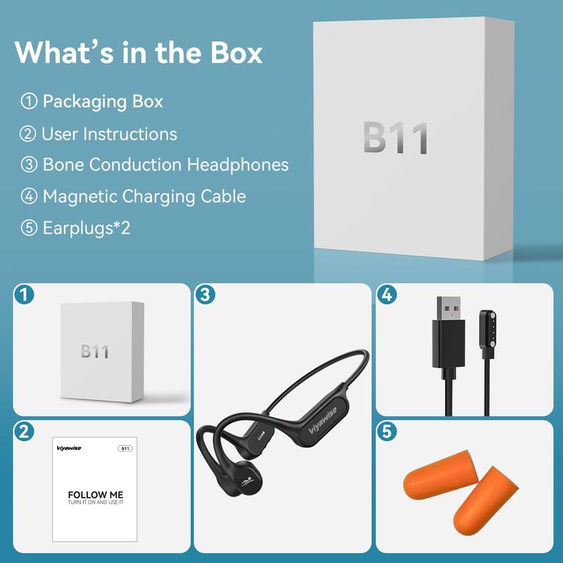 Viyawise B11 Bone Conduction Headphones, IP68 Waterproof Earbuds for Swimming, 32GB & Bluetooth 6.0 Wireless Underwater Open Ear Headphones with Mic for Sport