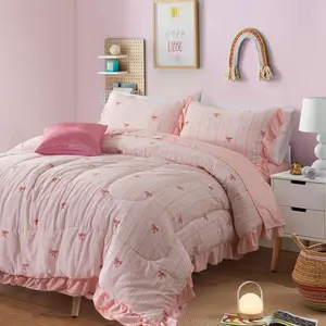 Rainbow Stripes & Bows Bedding Set,Ruffle 6 Piece Bed in a Bag Matching Sheet Set,Princess Style Chic Bow Printed,Light Pink Room Decor for Girls,Twin