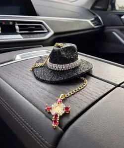 Western Cowboy Hat Hanging Ornament, Cross-Design Cowgirl Car Rear View Mirror Charm, Lucky Gift for Women