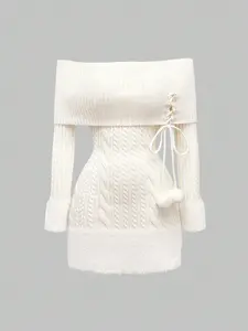 ROMWE Kawaii Off-Shoulder Fuzzy Ball Pendant Party Dress – Himekaji Sweater Dress for New Year & Valentine's Day