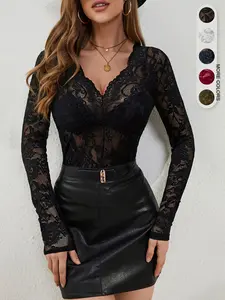 Women's Four Seasons Daily Plain Sexy Lace Floral V-Neck Long Sleeve T-Shirt Tops Womenswear Home Outdoor City Slim Trend Casual Elegant Youth Simple Versatile Texture Temperament Natural Literary Art Chic