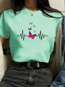 Women's Butterfly Print Round Neck Tee, Casual Short Sleeve Crew Neck T-shirt for Summer, Fashion Women's Top for Daily Wear