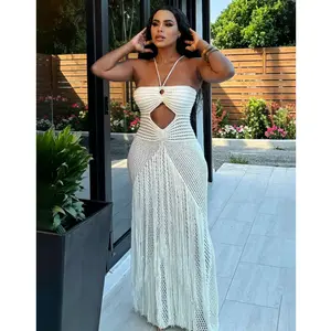 Women’s Crochet Knit Maxi Dress with Fringe Sexy see through Halter Backless Boho Style Beach Party Vacation Summer Outfit Resort Wear