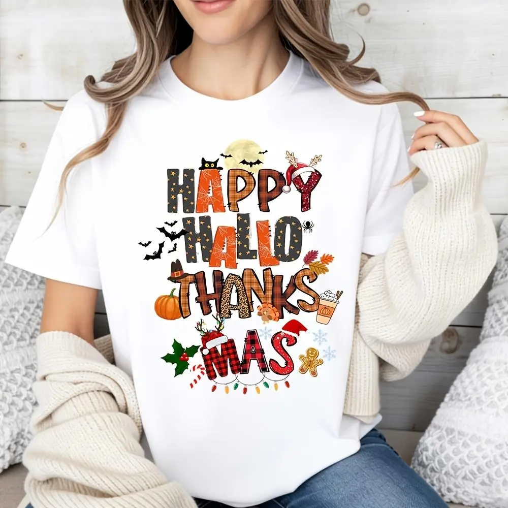 Happy Hallo Thanks Mas Print T-Shirt, Halloween Thanksgiving Christmas Holiday Fusion Design, Casual Autumn Winter Festival Party Wear